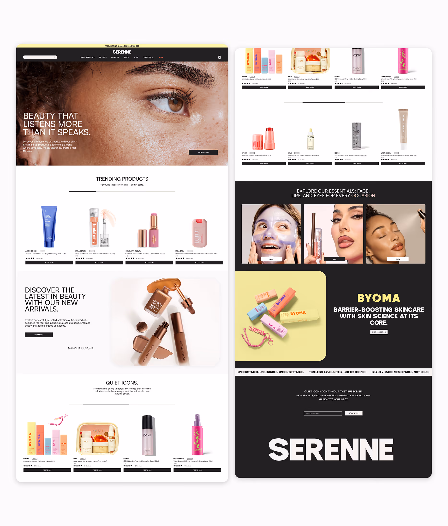 SERENNE (beauty ecom)  Beauty ecommerce homepage with close-up skin hero, product grids, skincare categories, and minimal editorial layout