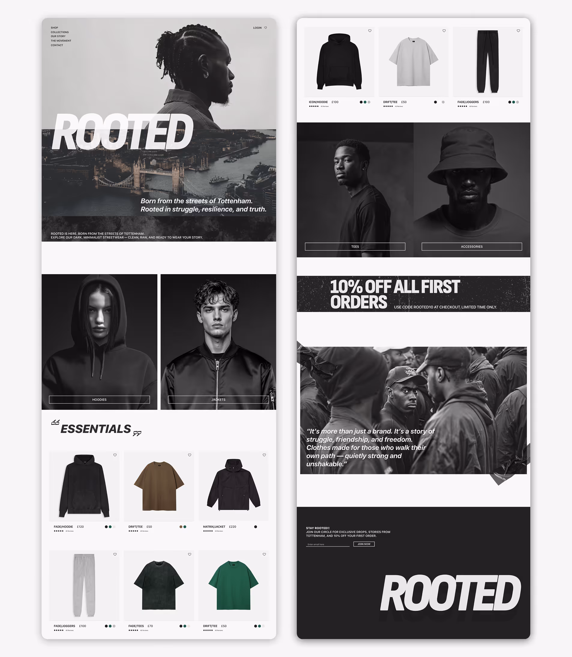 ROOTED (streetwear brand) Dark streetwear homepage with bold “Rooted” hero, monochrome portraits, product grid, and urban storytelling visuals