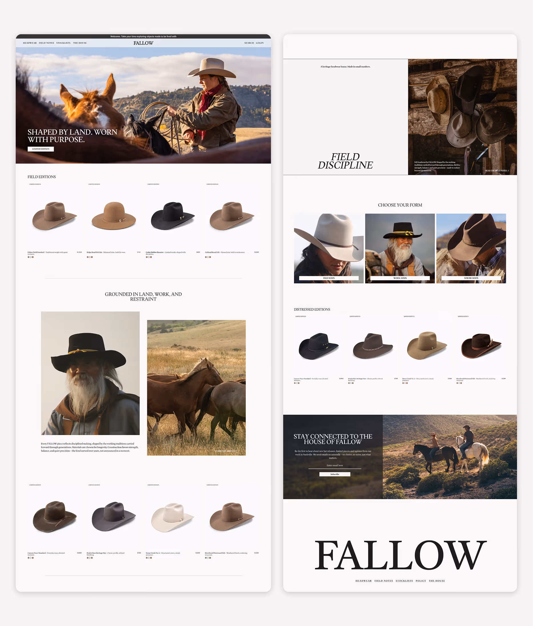 FALLOW (western hat brand) Western hat brand homepage with cowboy lifestyle hero, product rows, earthy tones, and heritage storytelling sections