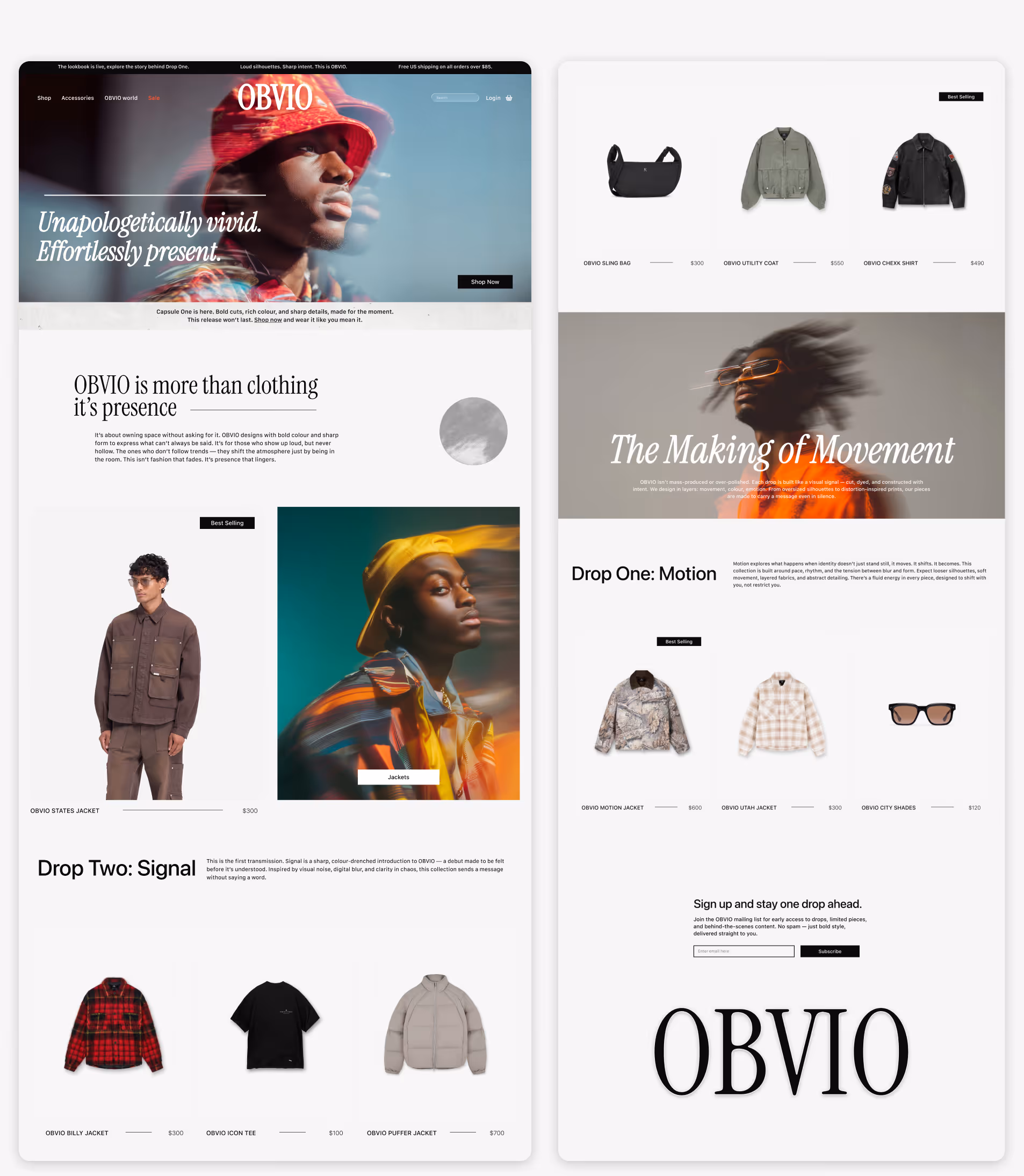 OBVIO (fashion brand)  Fashion ecommerce homepage with bold colour hero, editorial typography, product rows, and campaign-style storytelling sections