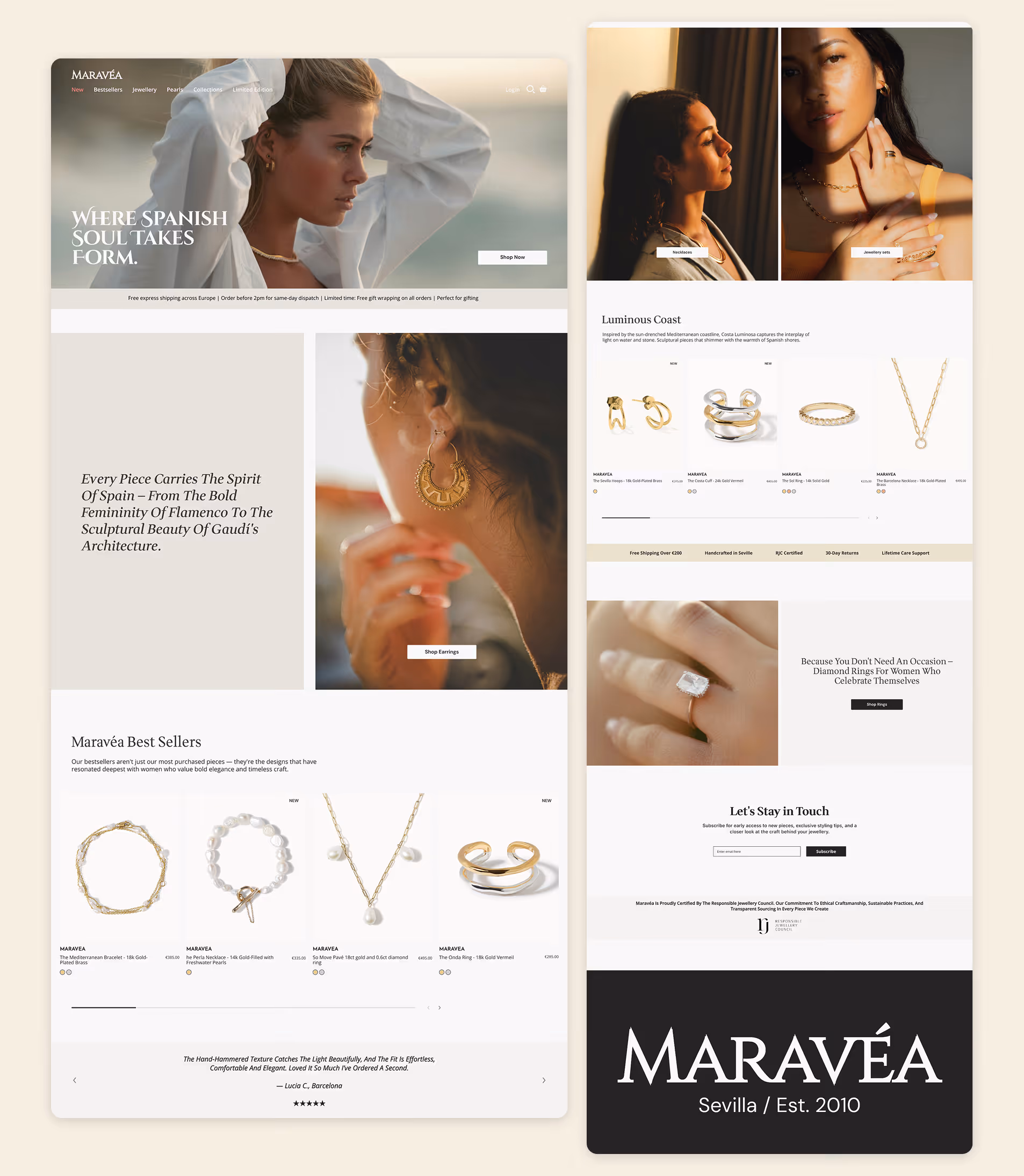MARAVÉA (jewellery brand)  Jewellery ecommerce homepage with warm Spanish lifestyle imagery, gold pieces, product grids, and elegant editorial storytelling