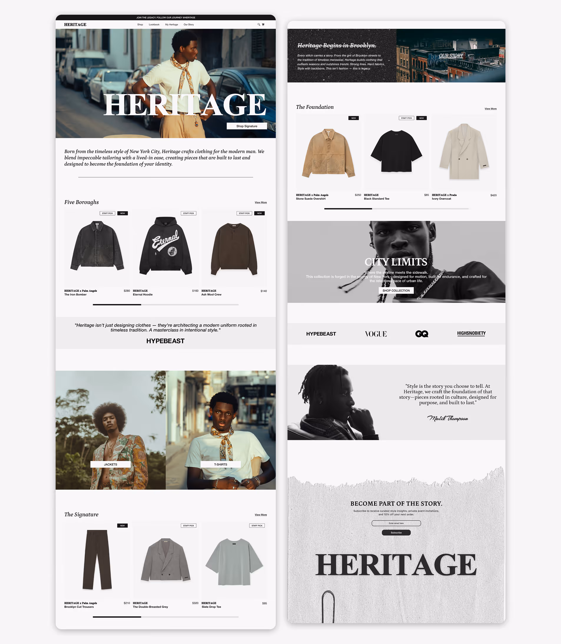 HERITAGE (menswear brand)  Menswear homepage with city lifestyle hero, tailored clothing grids, editorial brand story, and classic typography layout