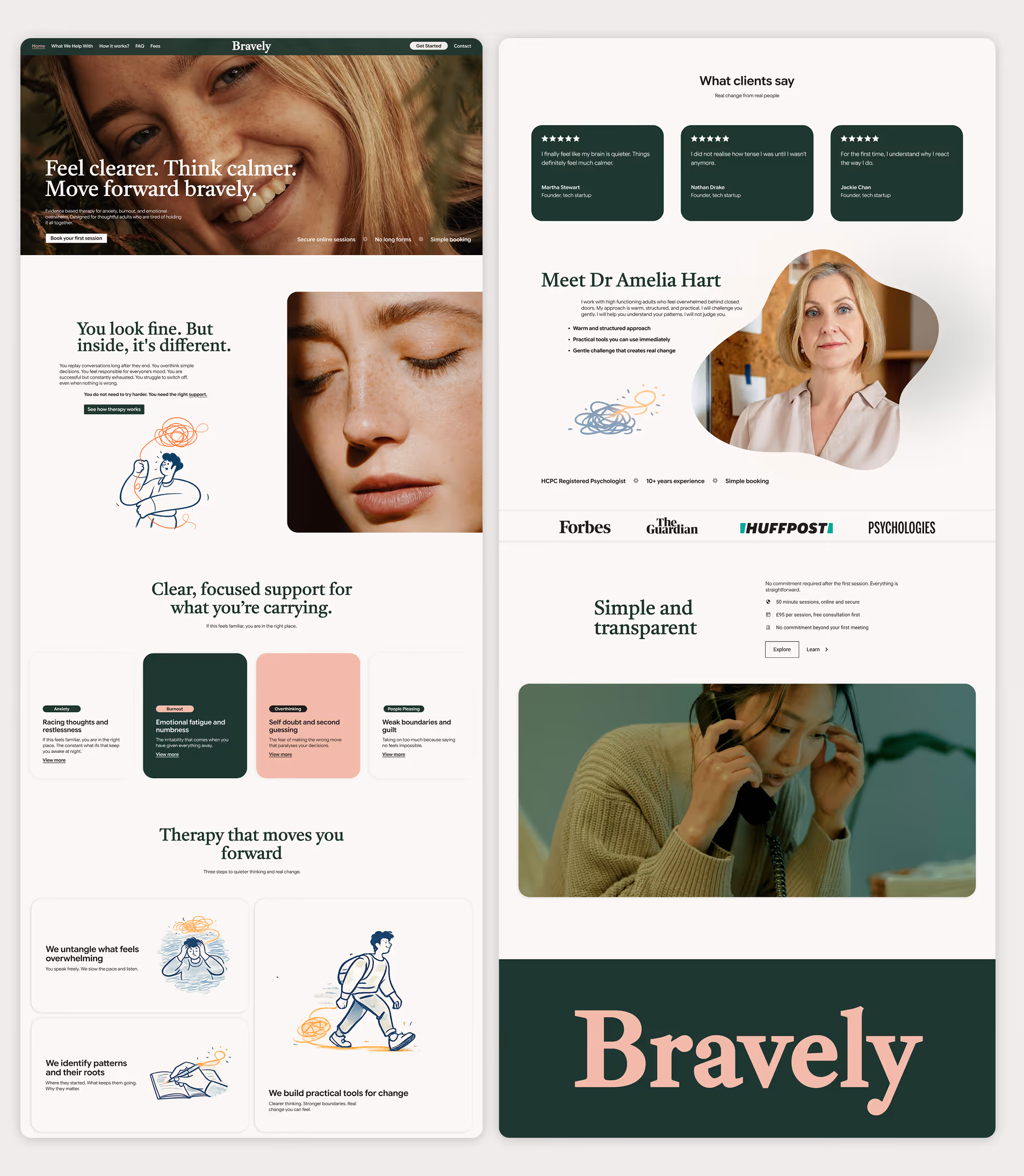 BRAVELY (therapy service) Therapy website with warm lifestyle imagery, calming green palette, testimonials, service cards, and psychologist profile section
