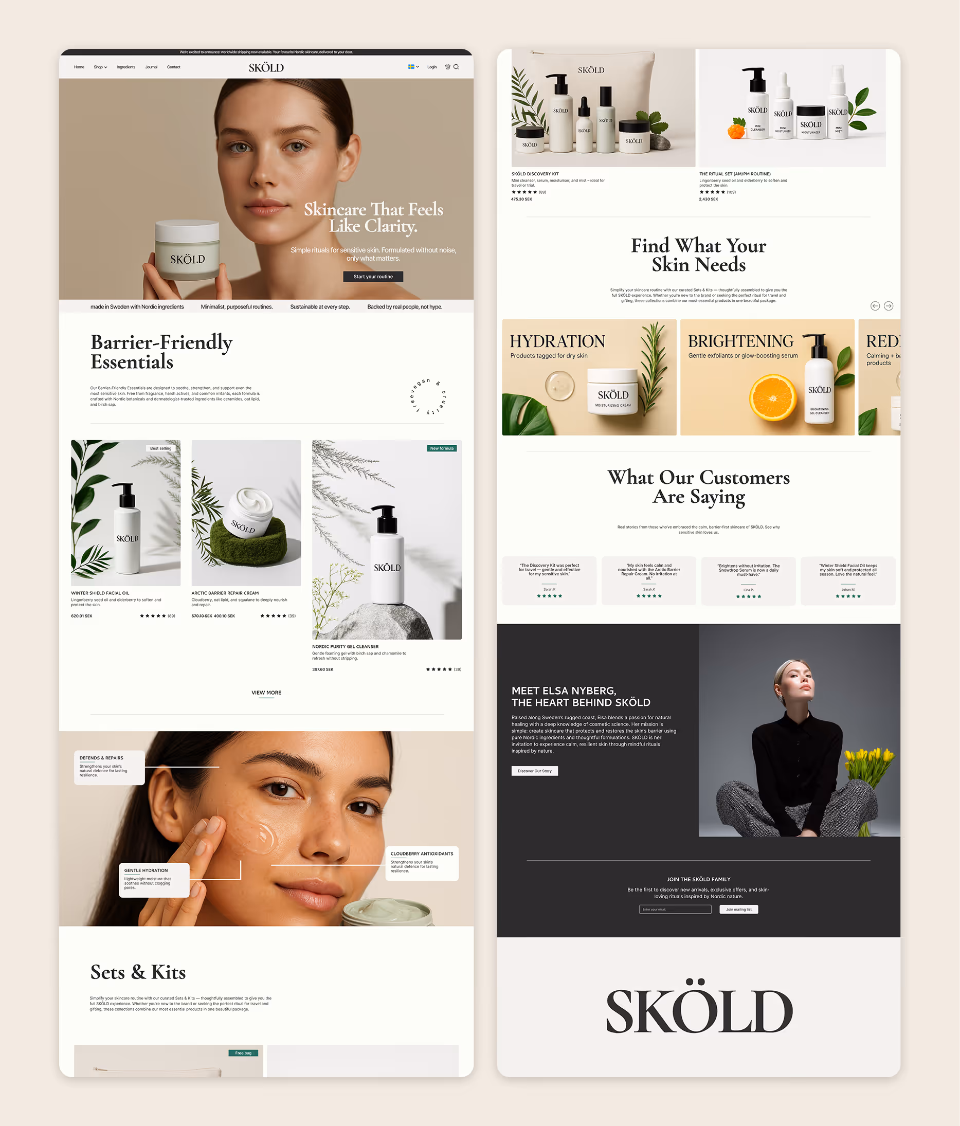 SKÖLD (skincare brand)  Minimal skincare ecommerce homepage with neutral tones, model holding product, product grids, and barrier-focused routine sections