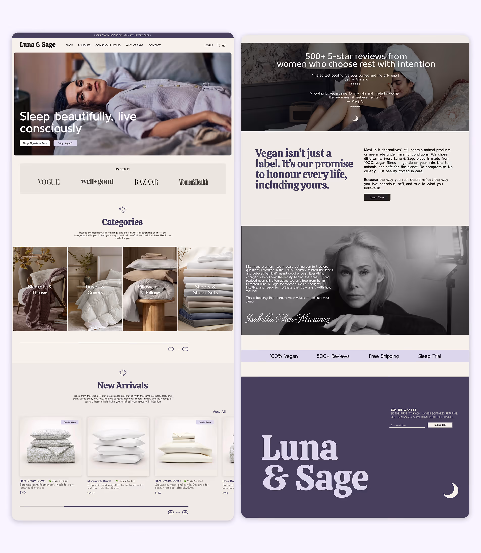 LUNA & SAGE (bedding brand) Soft-toned bedding ecommerce homepage with lifestyle imagery, product categories, vegan messaging, and editorial brand story