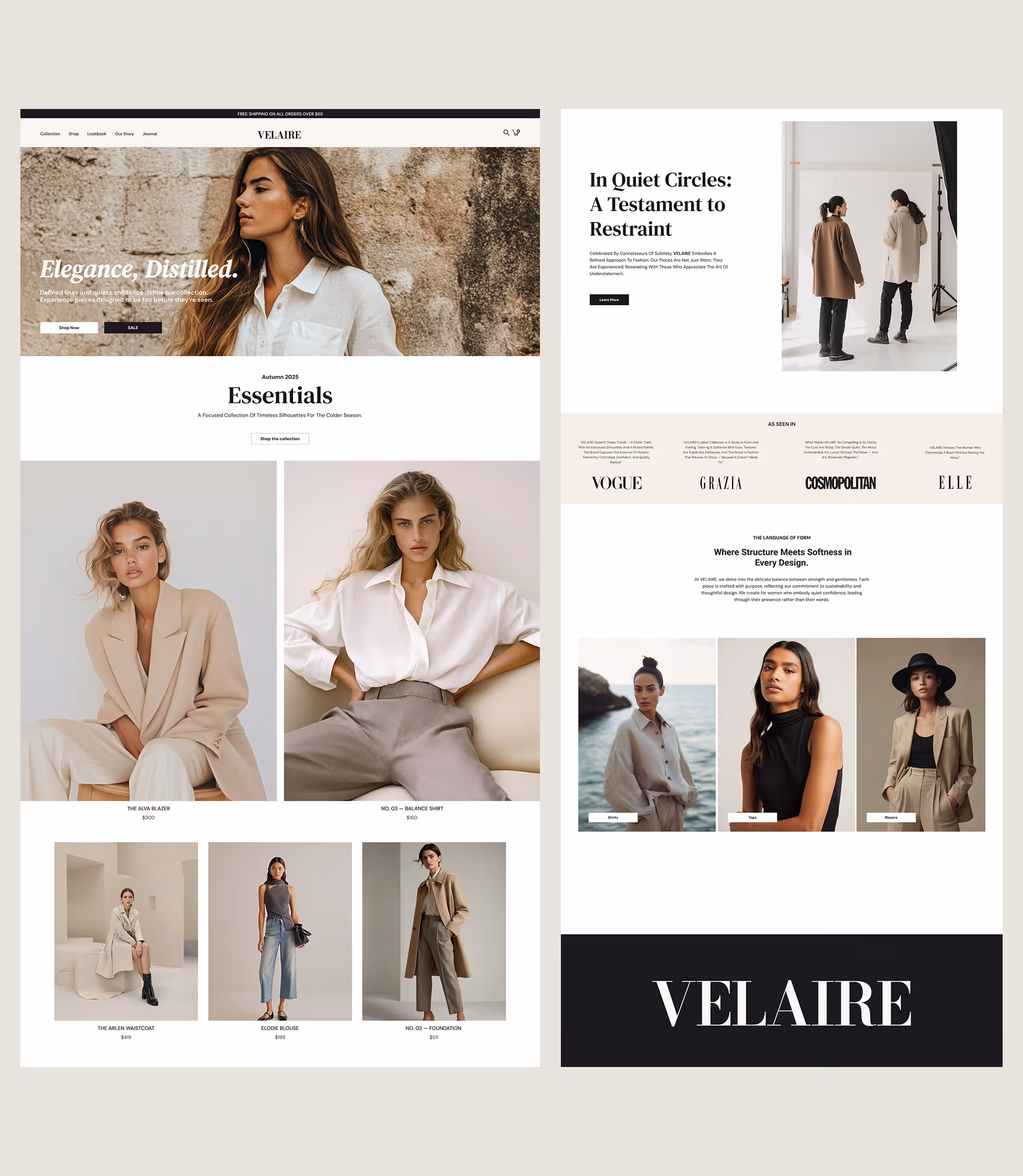 VELAIRE (women’s fashion brand)  Minimal luxury womenswear homepage with neutral tones, editorial photography, product grid, and refined brand storytelling