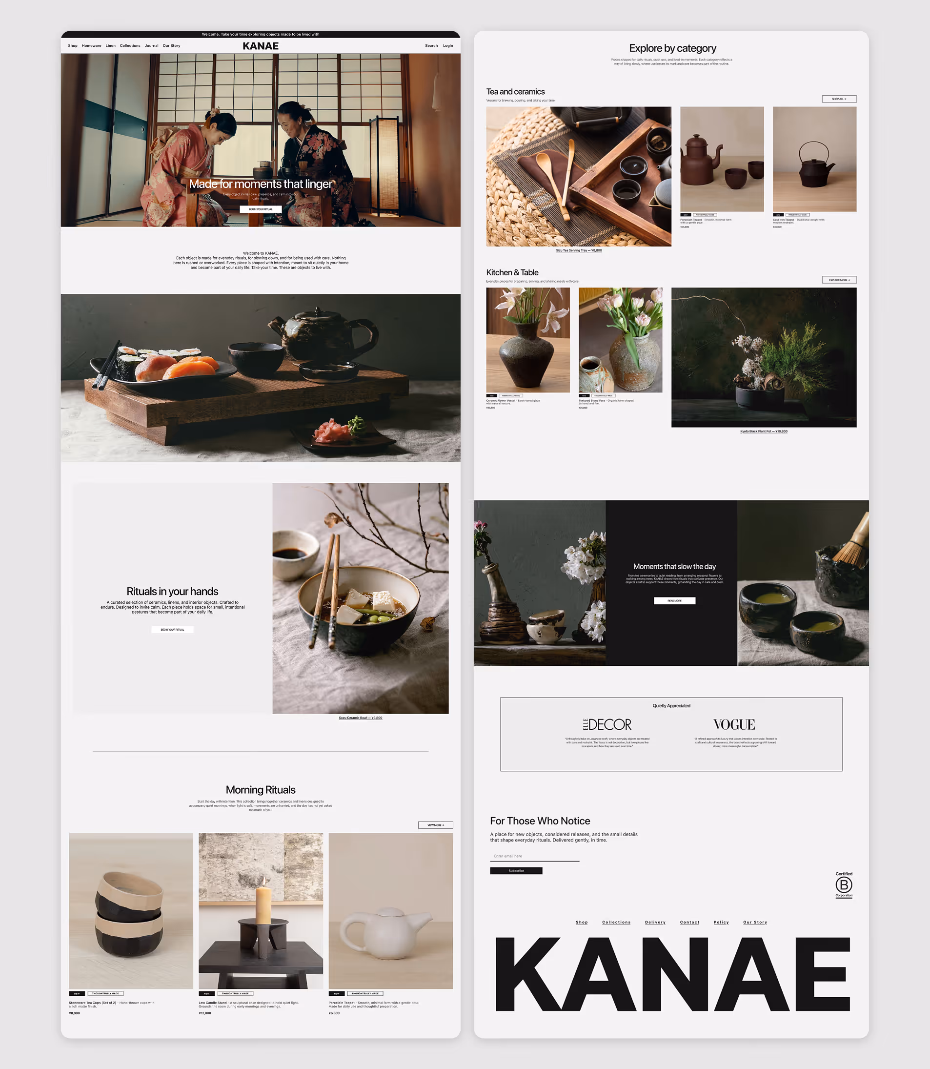 KANAE (Japanese homeware) Minimal Japanese homeware site with calm interiors, ceramics, soft neutral tones, and editorial product storytelling