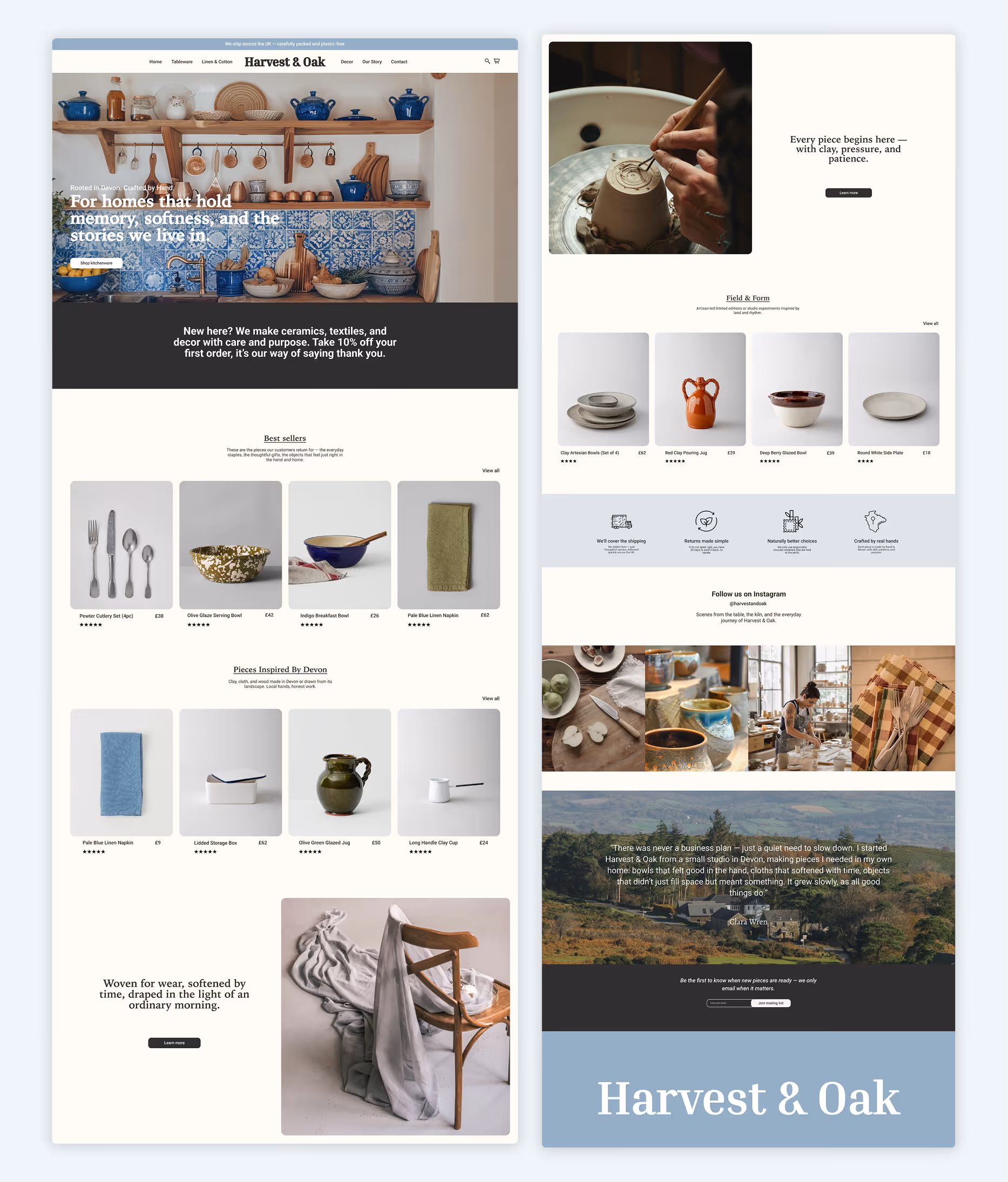 HARVEST & OAK (homeware brand)  Rustic homeware ecommerce homepage with ceramics and textiles, kitchen lifestyle imagery, product grids, and craft-focused storytelling