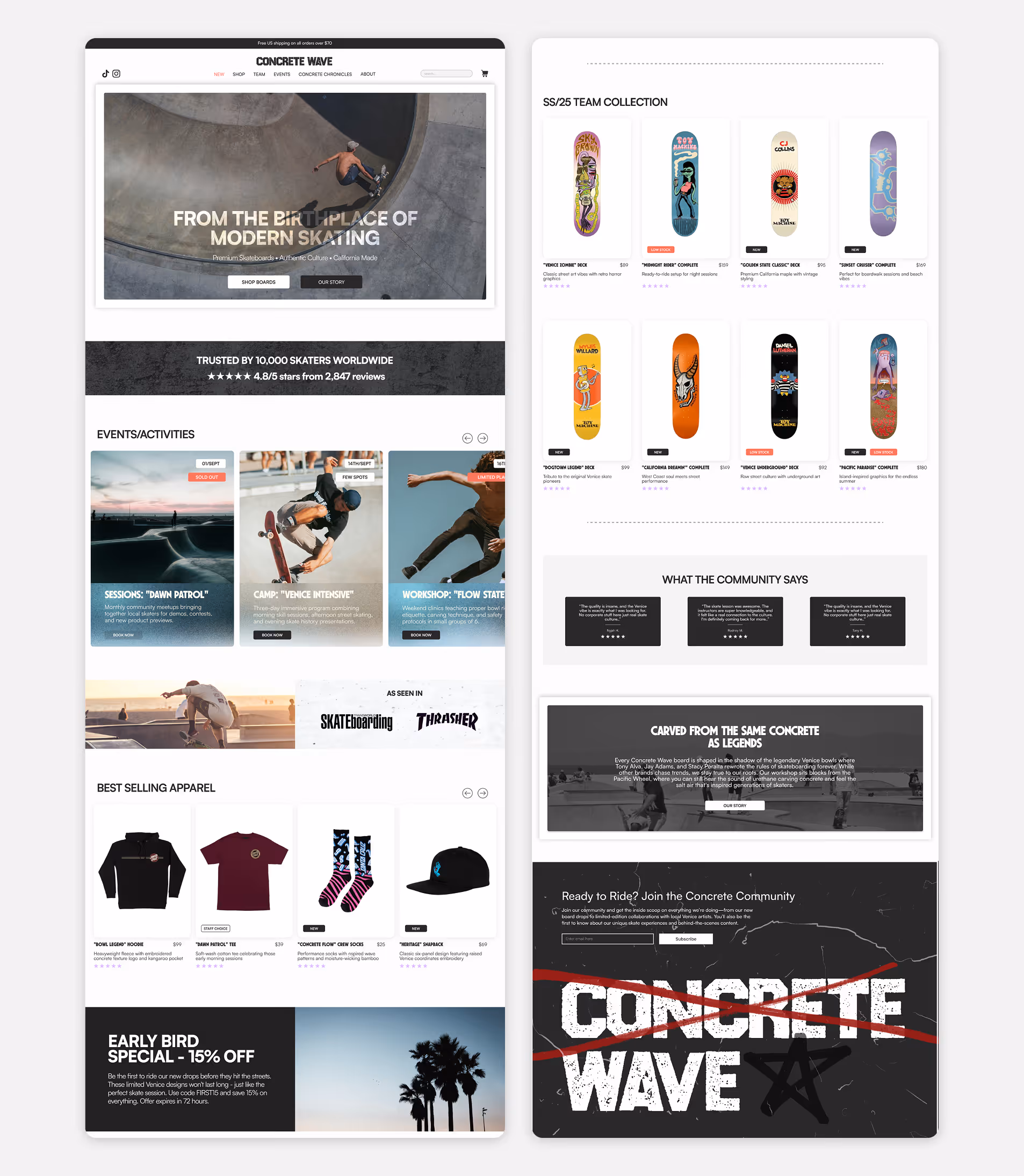 CONCRETE WAVE (skate brand)  Skate brand ecommerce homepage with skatepark hero, skateboard product grids, apparel, events section, and community-focused content