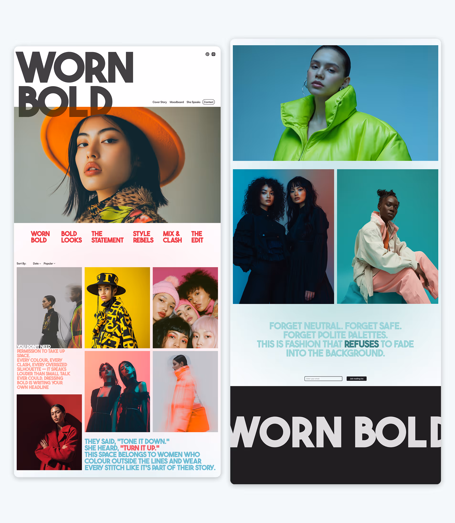 WORN BOLD (fashion blog/editorial)  Bold fashion editorial homepage with large typography, vibrant portraits, grid layout, and expressive styling-focused storytelling