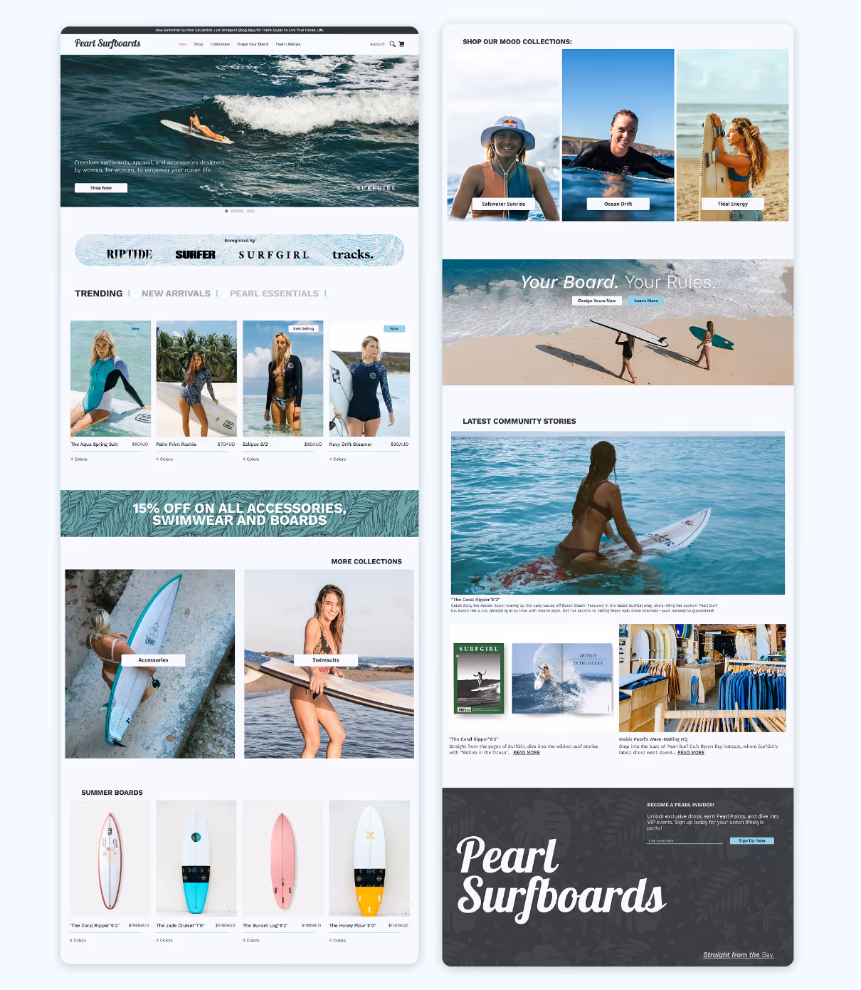 PEARL SURFBOARDS (surf brand)  Surf brand ecommerce homepage with ocean lifestyle imagery, surfboards and apparel grids, and community-driven storytelling sections