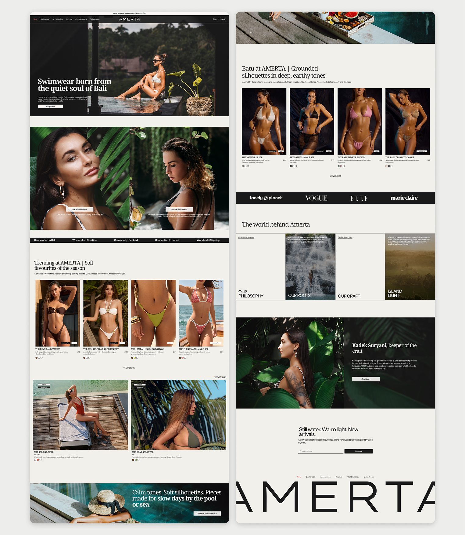 AMERTA (swimwear brand)  Swimwear ecommerce homepage with tropical lifestyle imagery, product grids, editorial sections, and Bali-inspired visuals